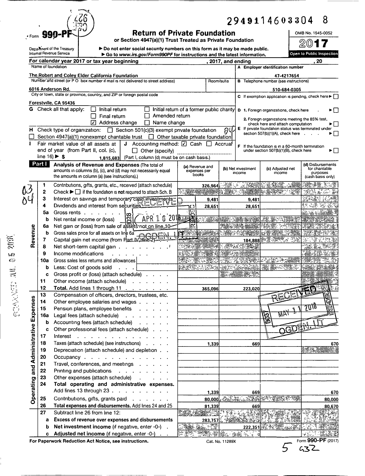 Image of first page of 2017 Form 990PF for Robert and Coley Elder California Foundation