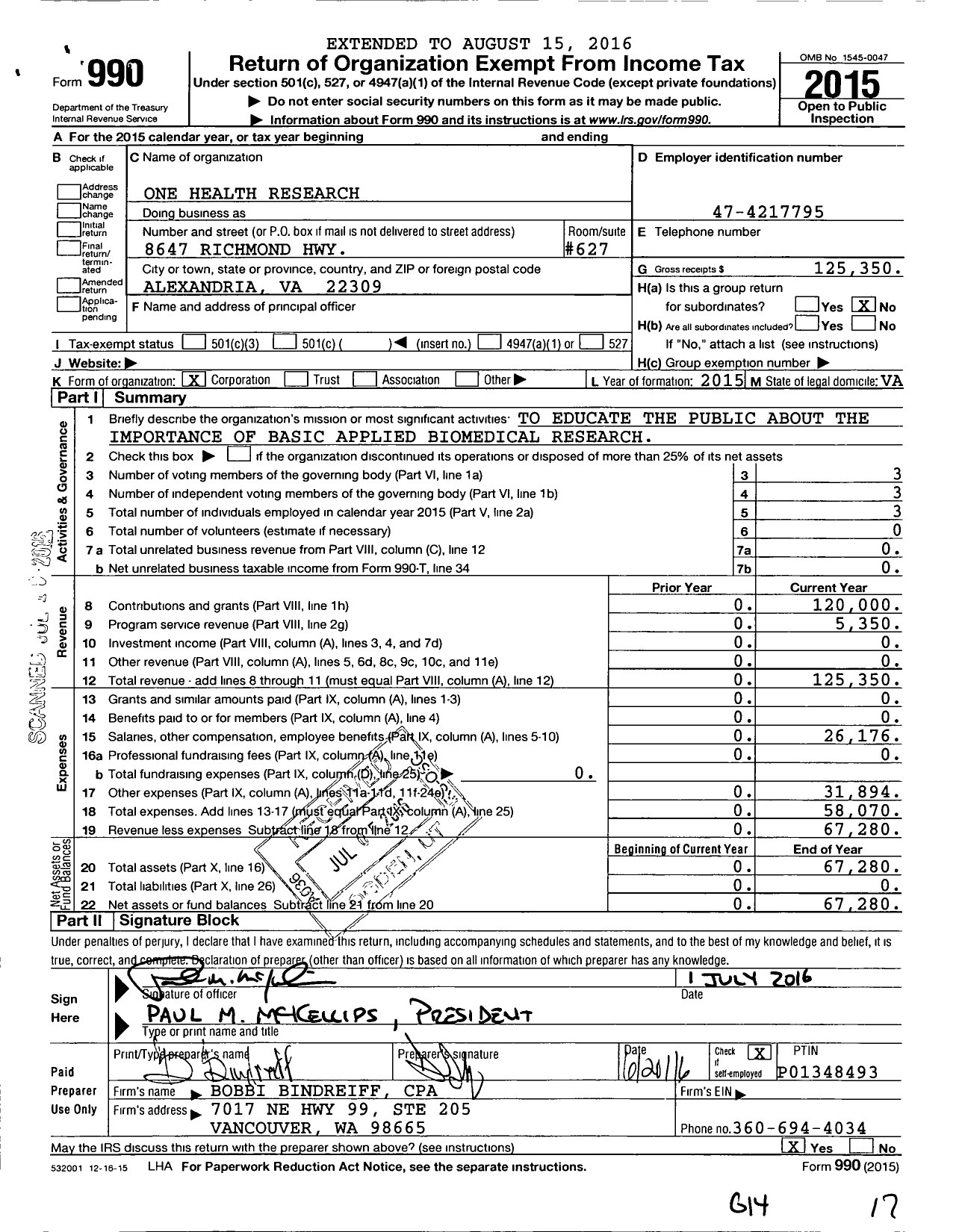 Image of first page of 2015 Form 990O for One Health Research