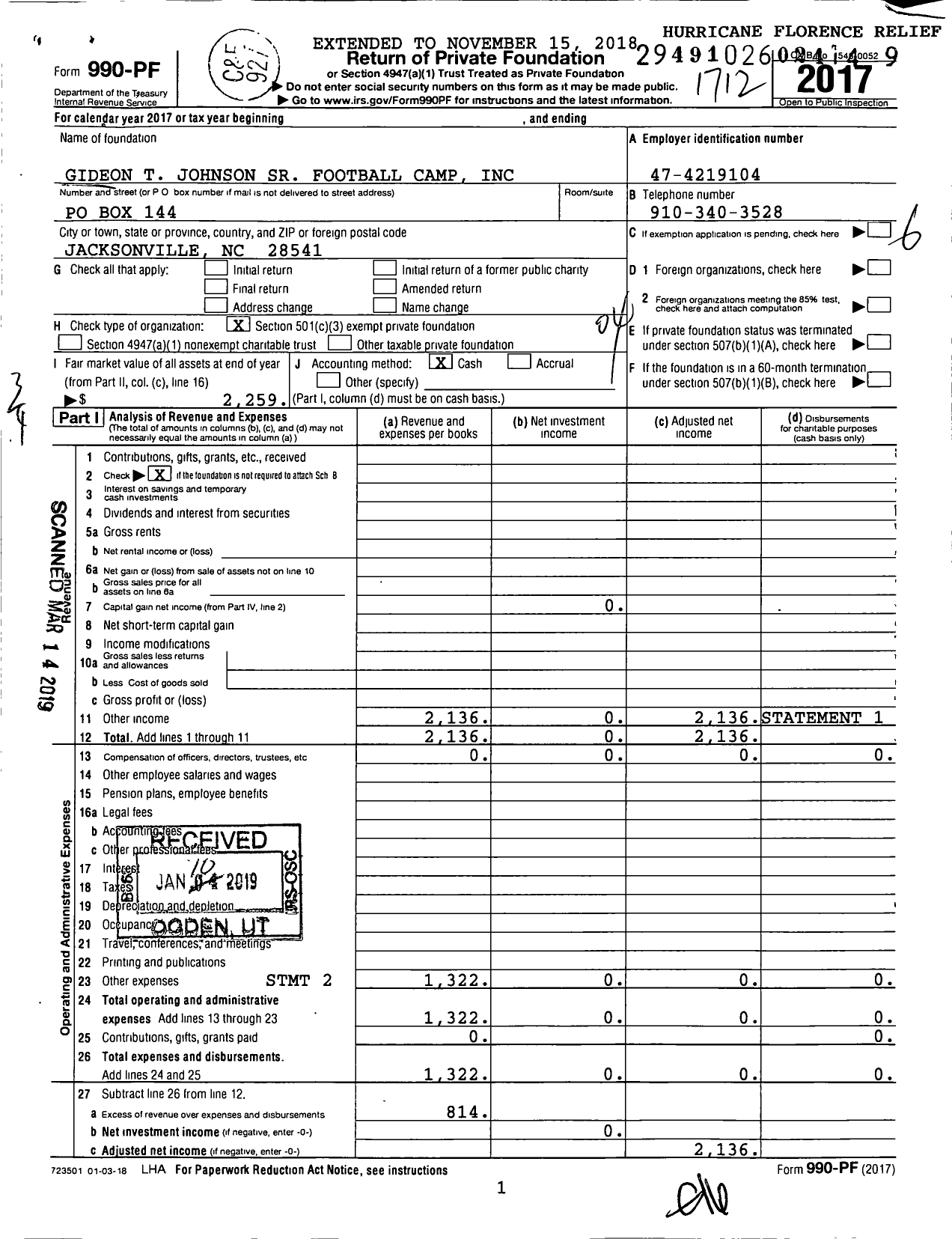 Image of first page of 2017 Form 990PF for Gideon T Johnson SR Football Camp