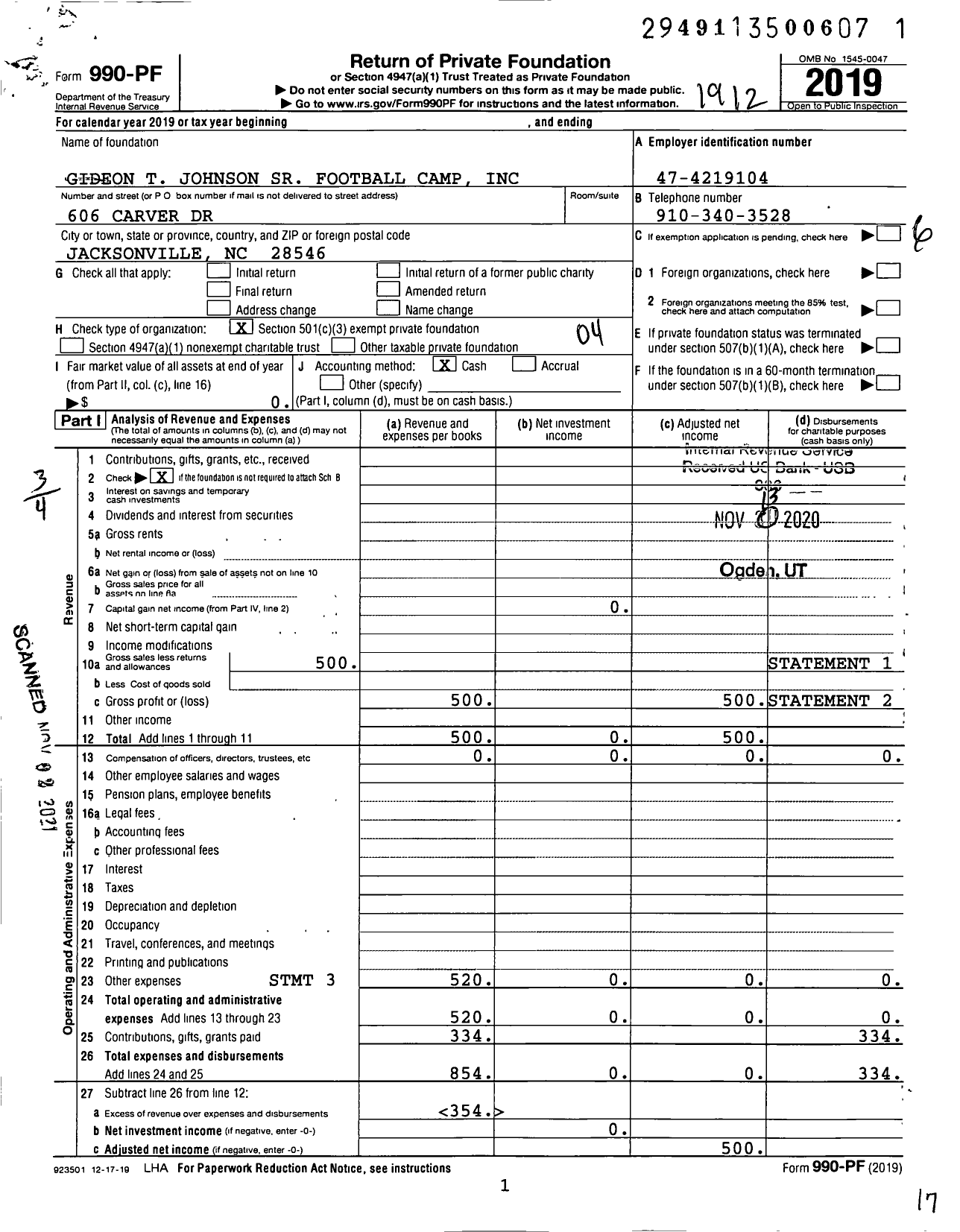 Image of first page of 2019 Form 990PF for Gideon T Johnson SR Football Camp