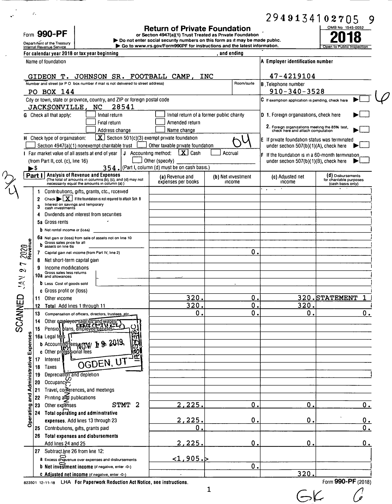 Image of first page of 2018 Form 990PF for Gideon T Johnson SR Football Camp