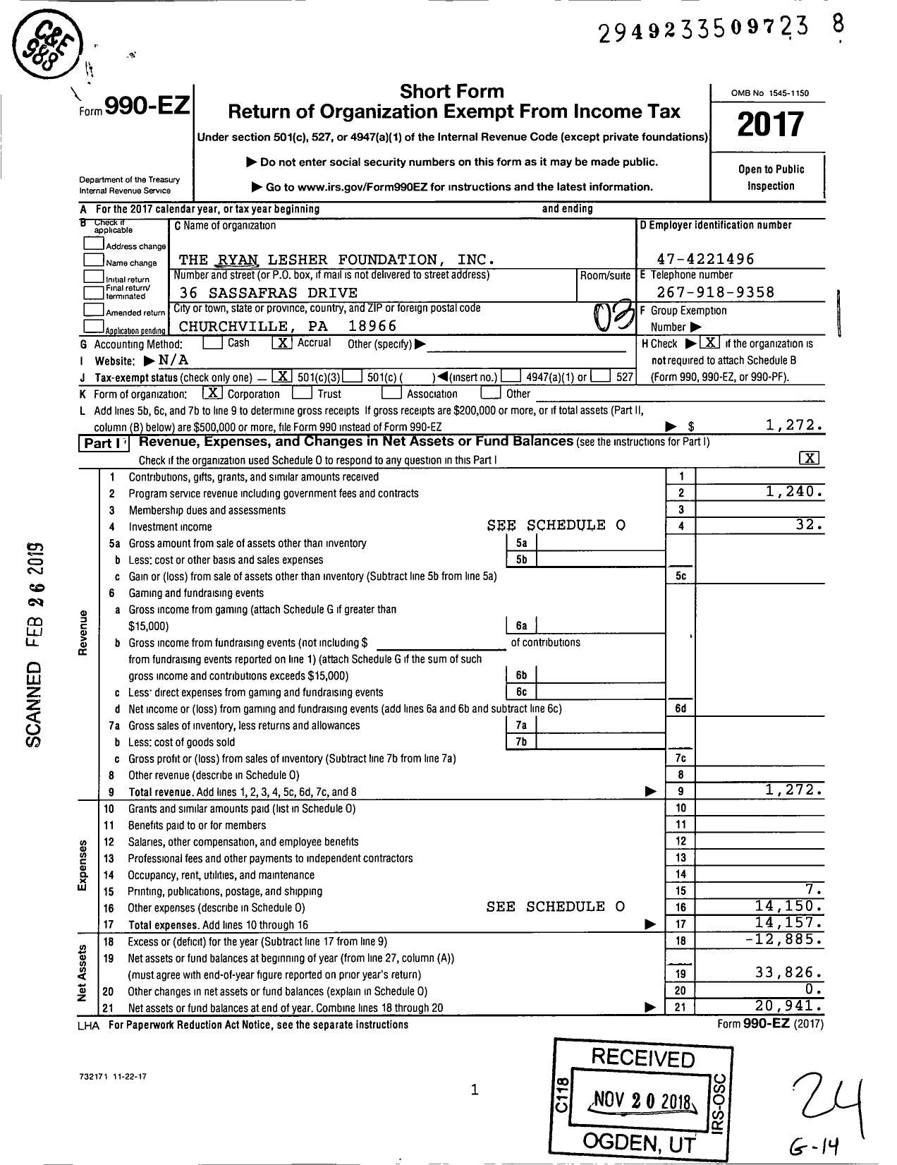 Image of first page of 2017 Form 990EZ for The Ryan Lesher Foundation