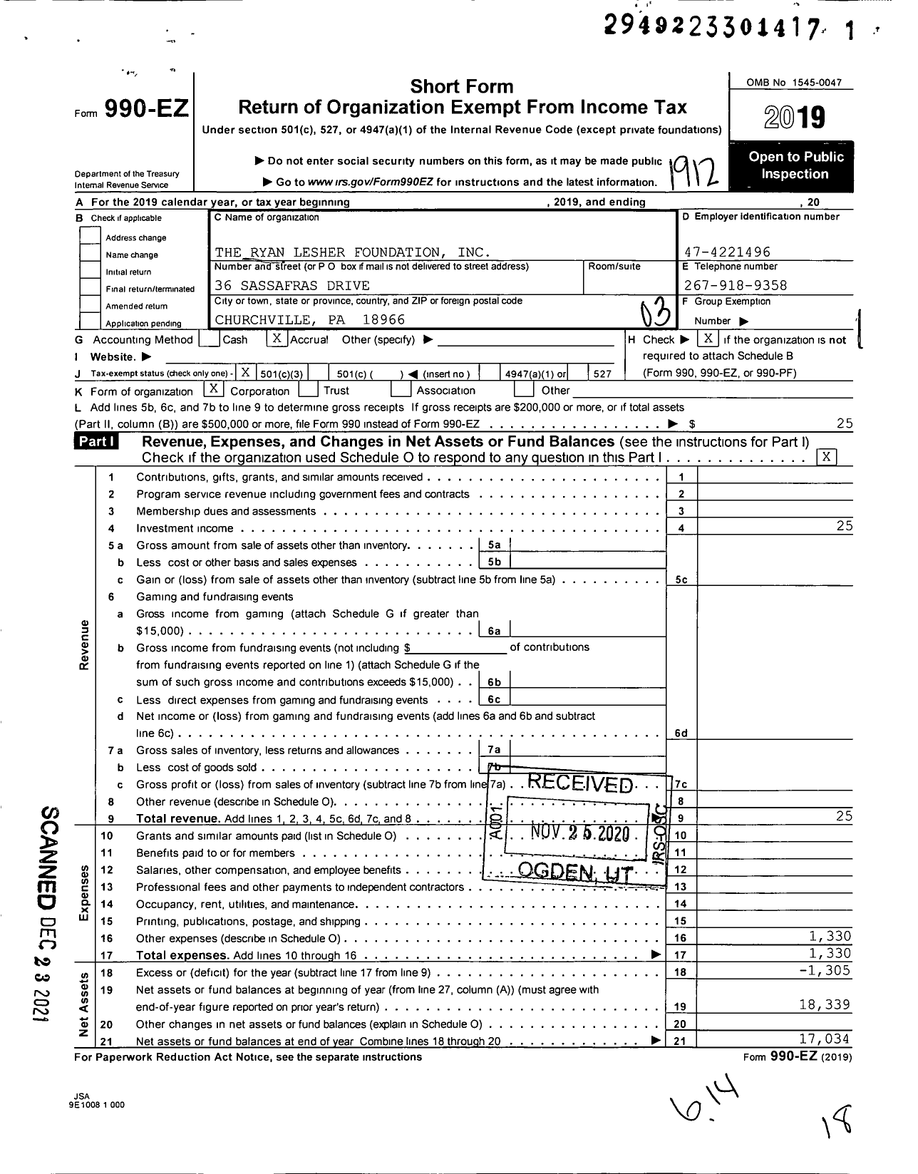 Image of first page of 2019 Form 990EZ for The Ryan Lesher Foundation