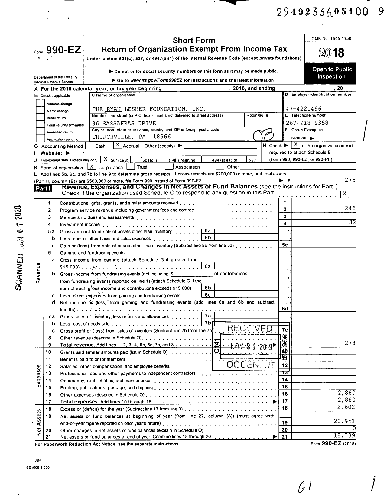 Image of first page of 2018 Form 990EZ for The Ryan Lesher Foundation