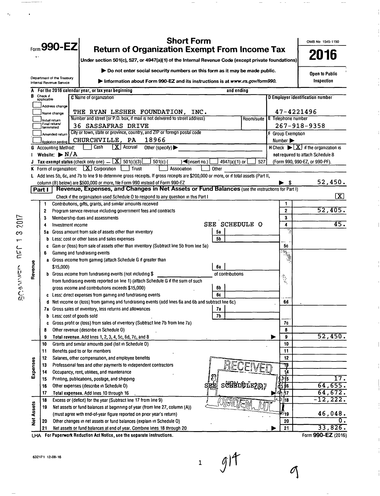 Image of first page of 2016 Form 990EZ for The Ryan Lesher Foundation