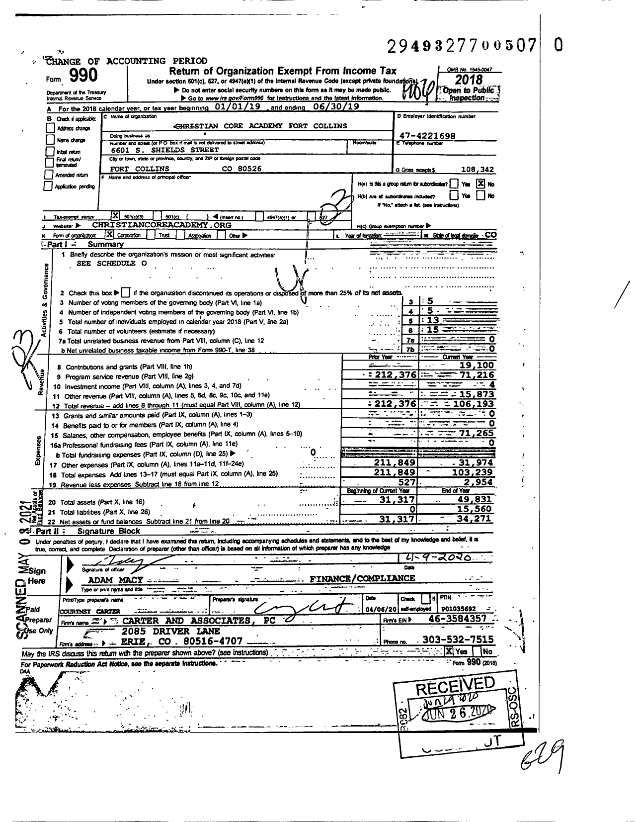 Image of first page of 2018 Form 990 for Christian Core Academy Fort Collins