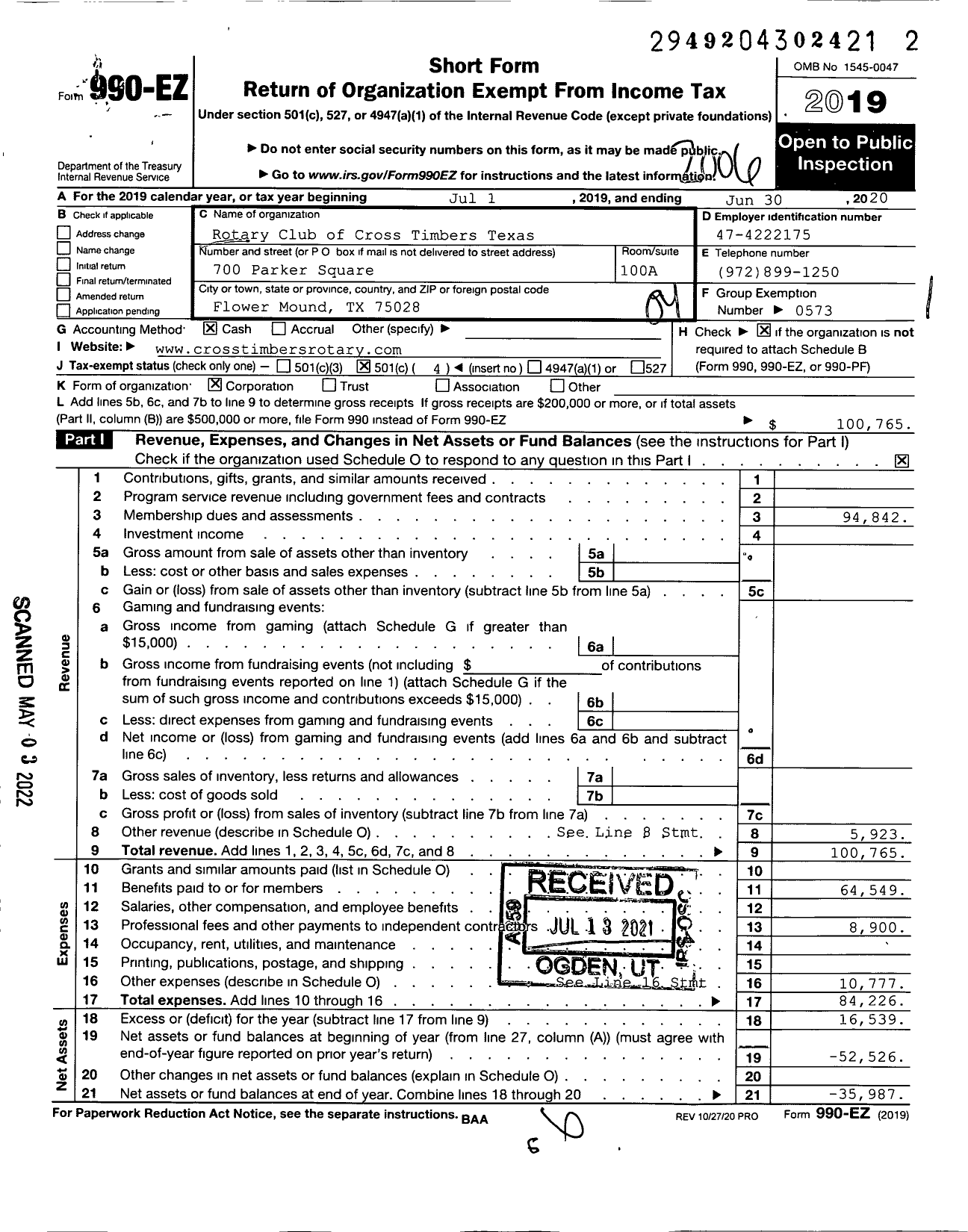 Image of first page of 2019 Form 990EO for Rotary INTERNATIONAL - Cross Timbers Flower Mound