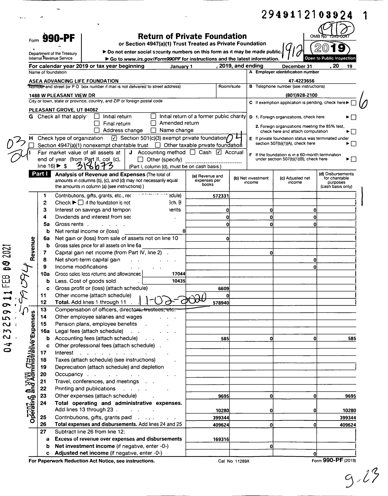 Image of first page of 2019 Form 990PF for Asea Advancing Life Foundation