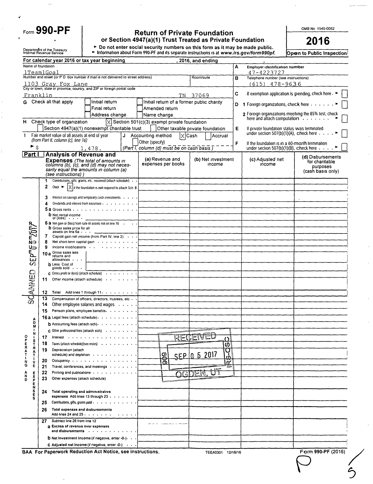 Image of first page of 2016 Form 990PF for 1team1goal