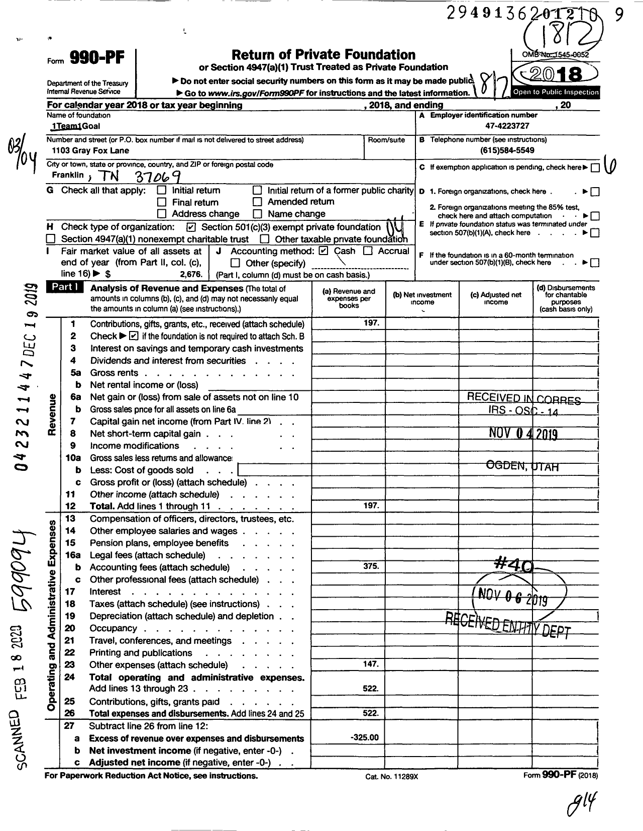 Image of first page of 2018 Form 990PF for 1team1goal