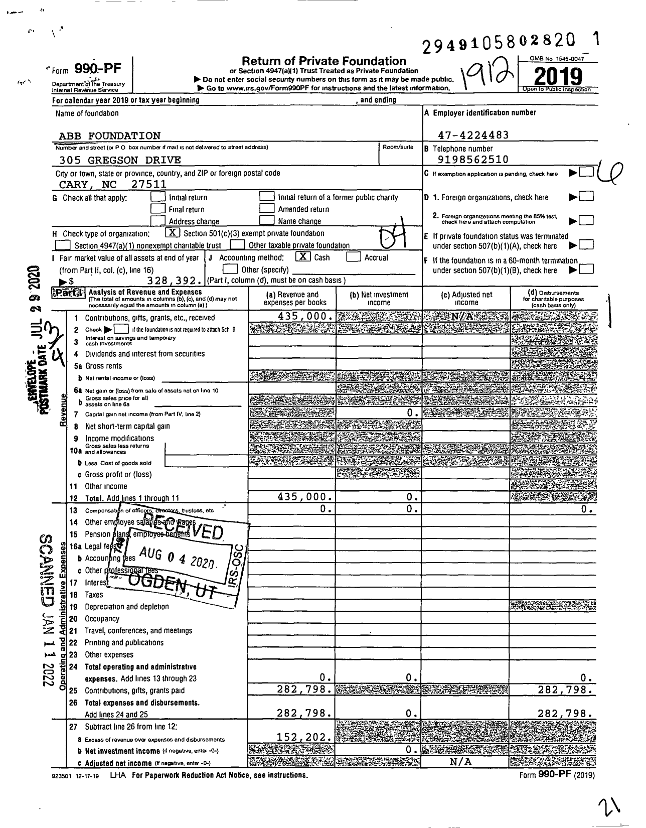 Image of first page of 2019 Form 990PF for Abb Foundation