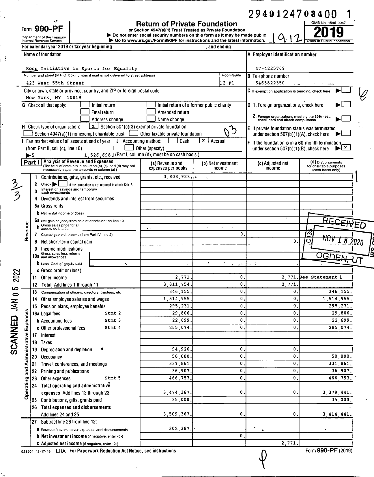 Image of first page of 2019 Form 990PF for Ross Initiative in Sports for Equality