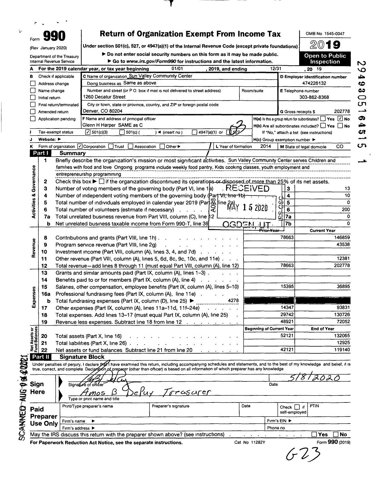 Image of first page of 2019 Form 990 for Sun Valley Community Center