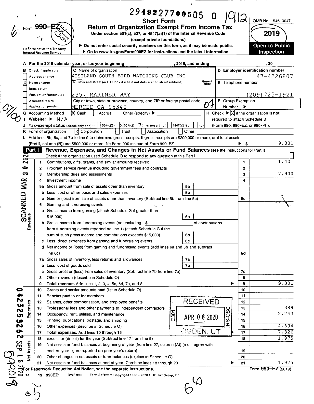 Image of first page of 2019 Form 990EO for Westland South Bird Watching Club