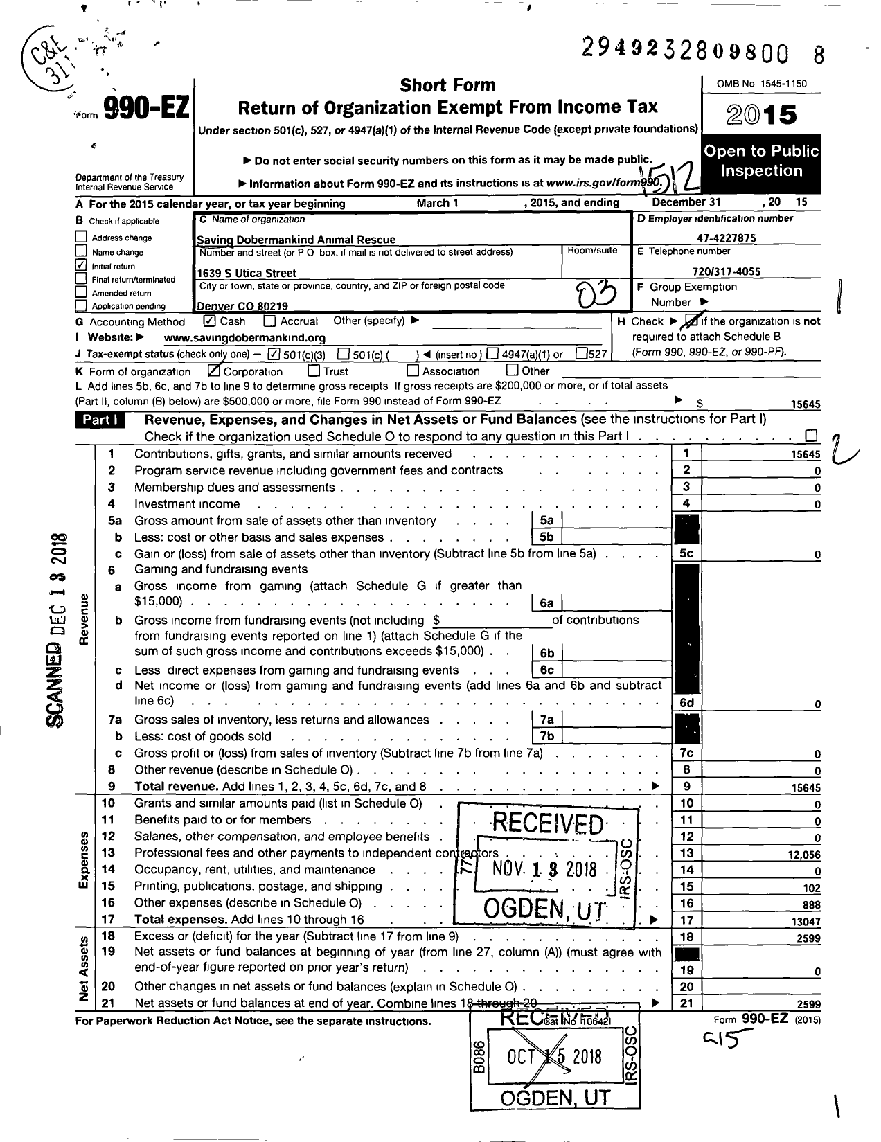 Image of first page of 2015 Form 990EZ for Saving Dobermankind Animal Rescue