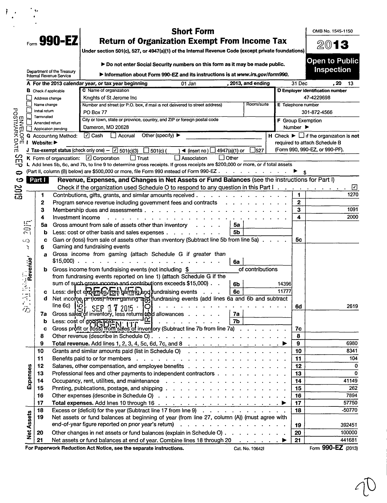 Image of first page of 2013 Form 990EZ for Knights of St Jerome