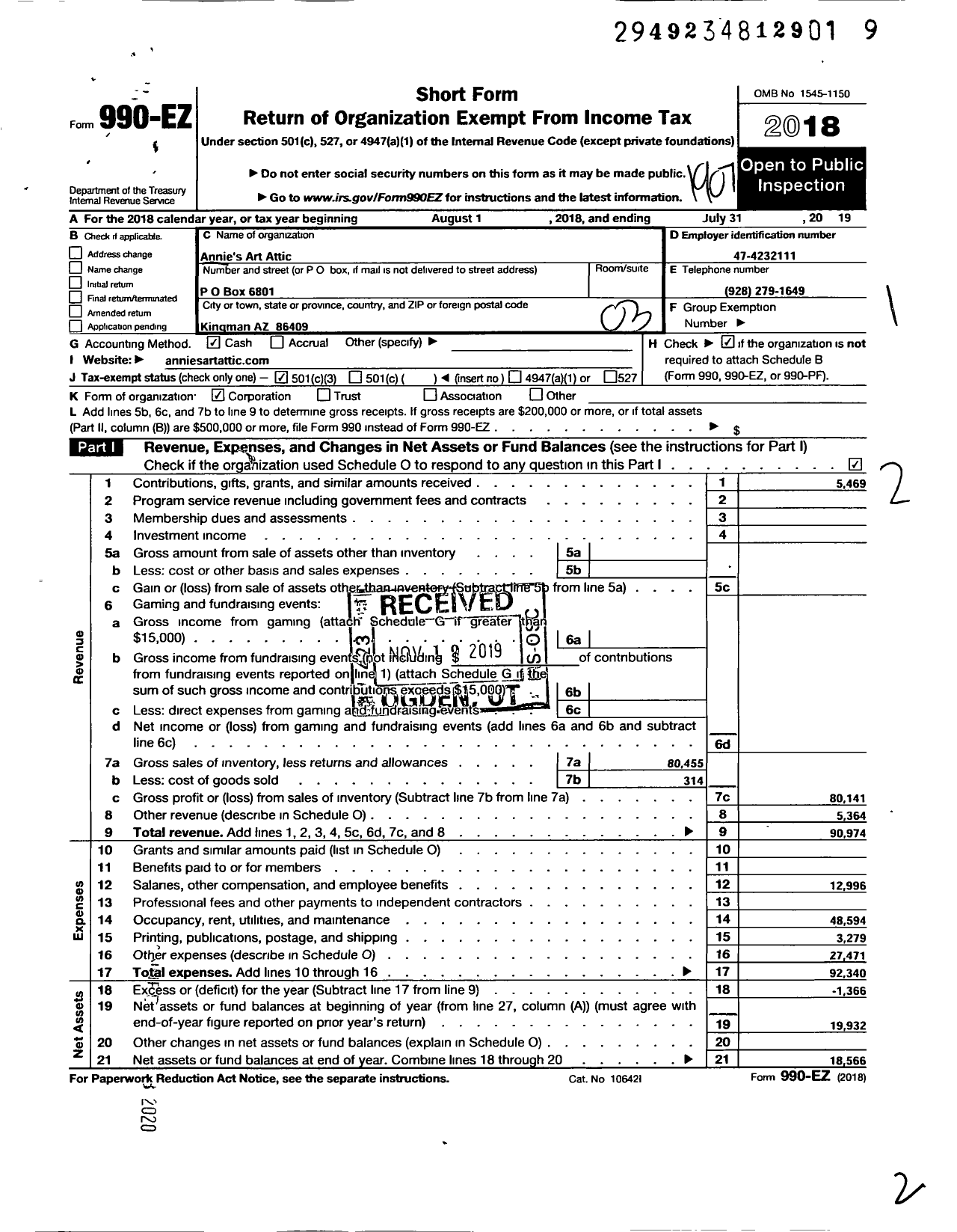 Image of first page of 2018 Form 990EZ for Annies Art Attic