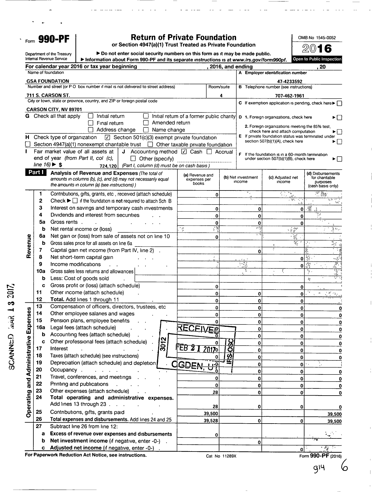 Image of first page of 2016 Form 990PF for Gsa Foundation