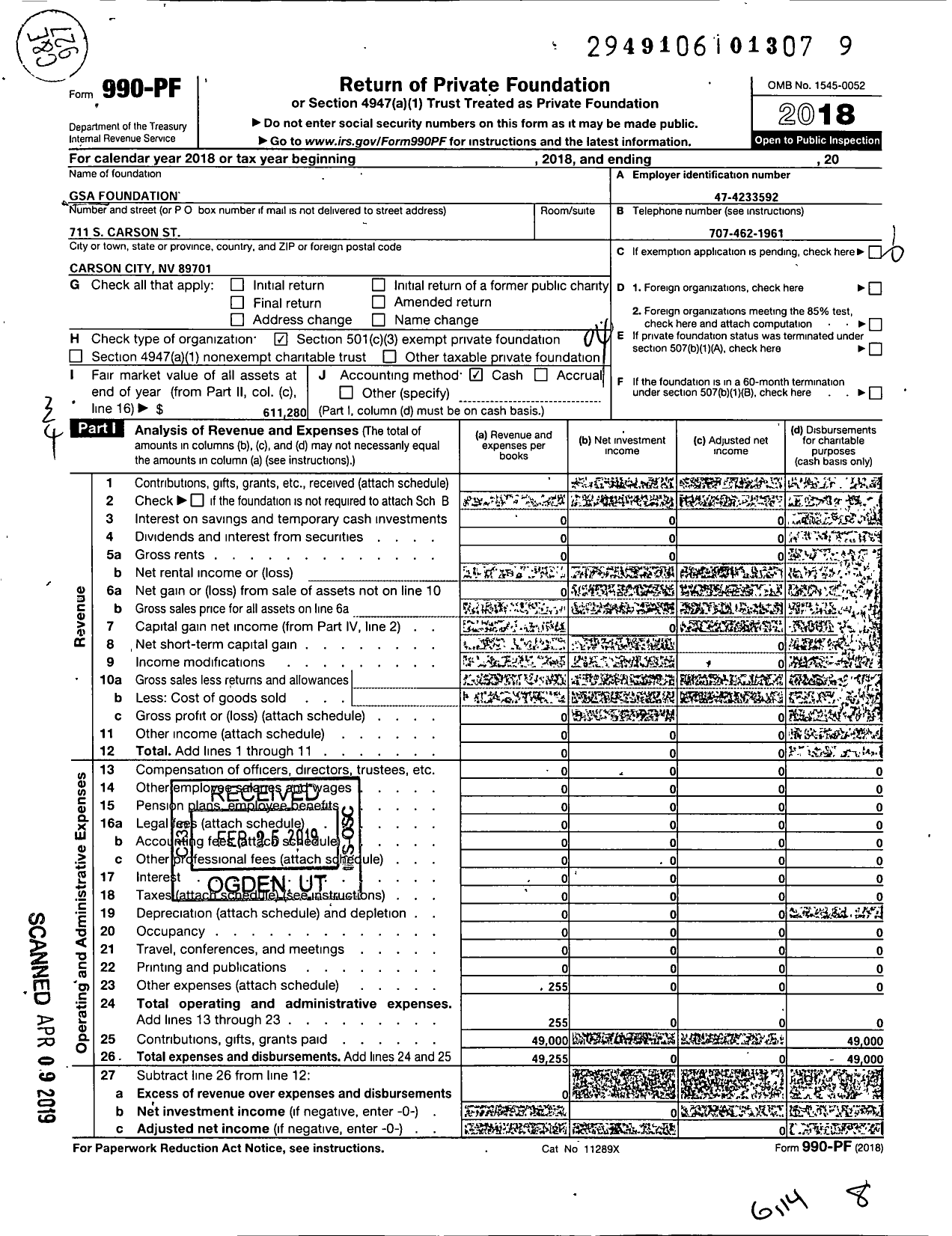 Image of first page of 2018 Form 990PF for Gsa Foundation