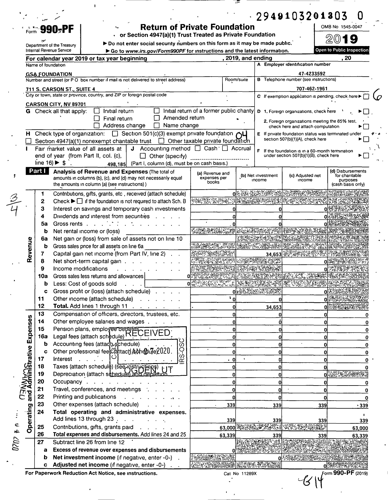 Image of first page of 2019 Form 990PR for Gsa Foundation