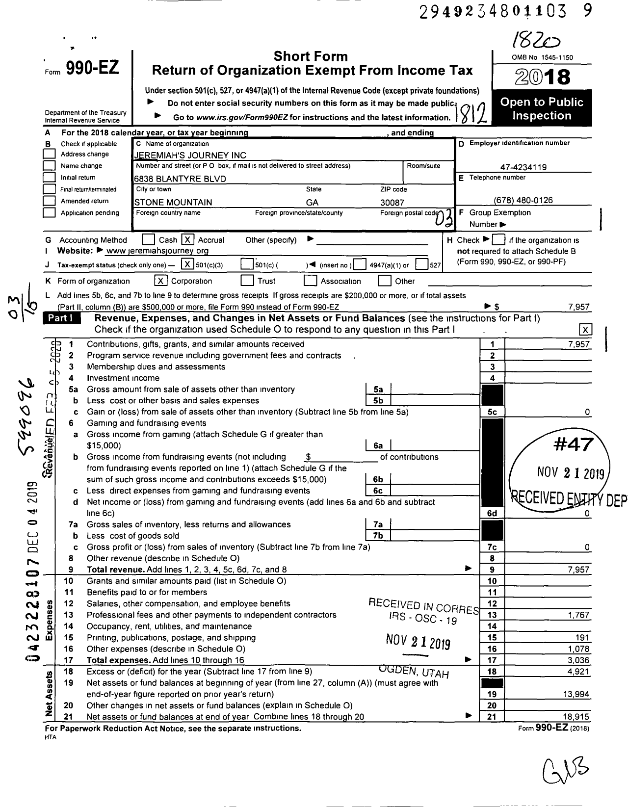 Image of first page of 2018 Form 990EZ for Jeremiahs Journey