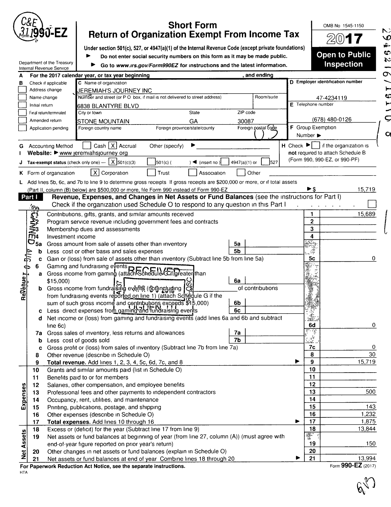 Image of first page of 2017 Form 990EZ for Jeremiahs Journey