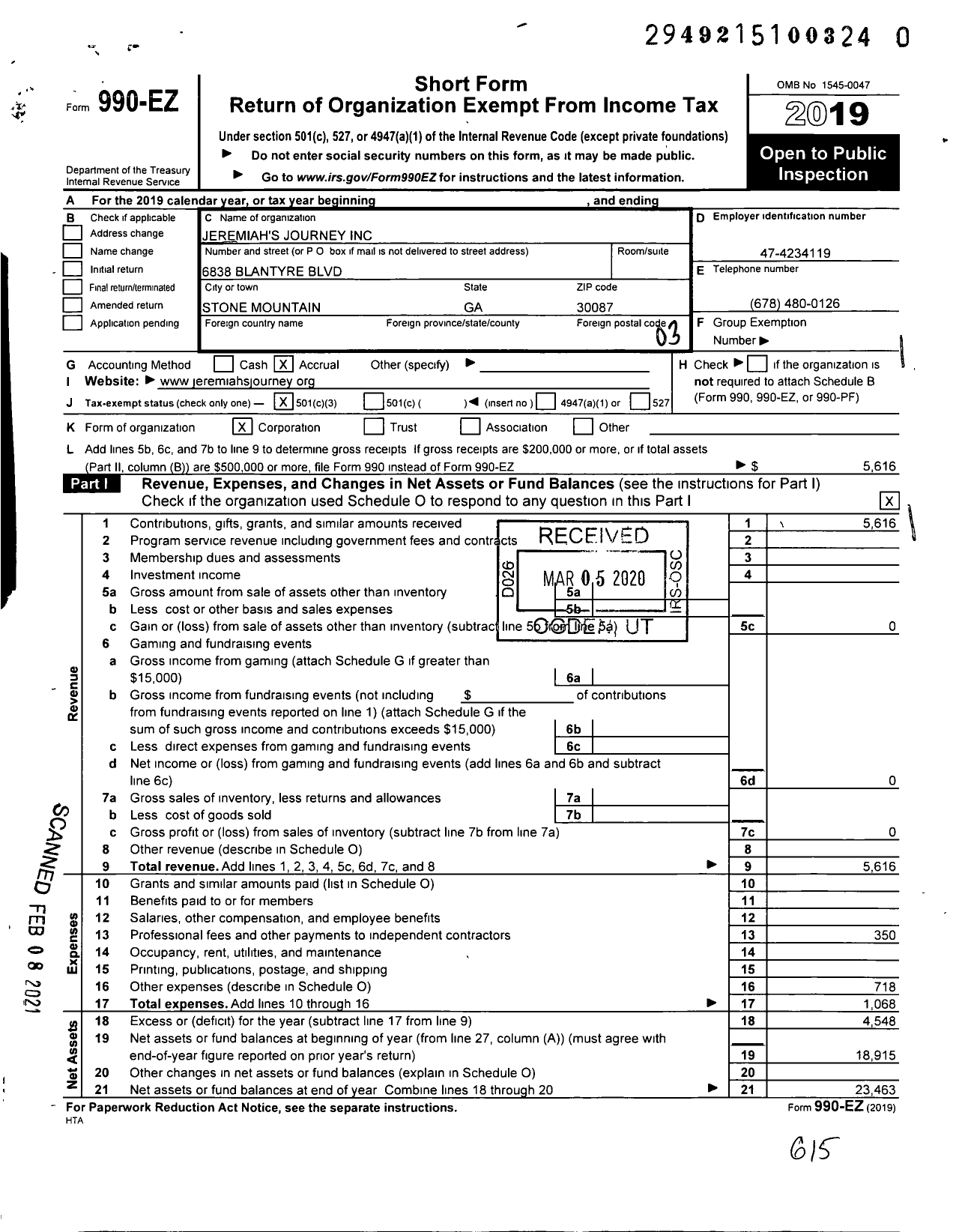 Image of first page of 2019 Form 990EZ for Jeremiahs Journey