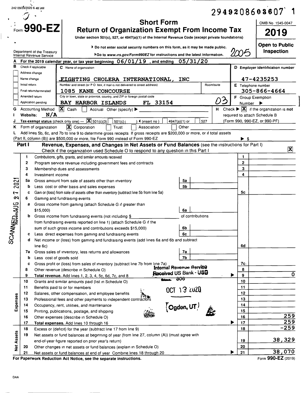 Image of first page of 2019 Form 990EZ for Fighting Cholera International