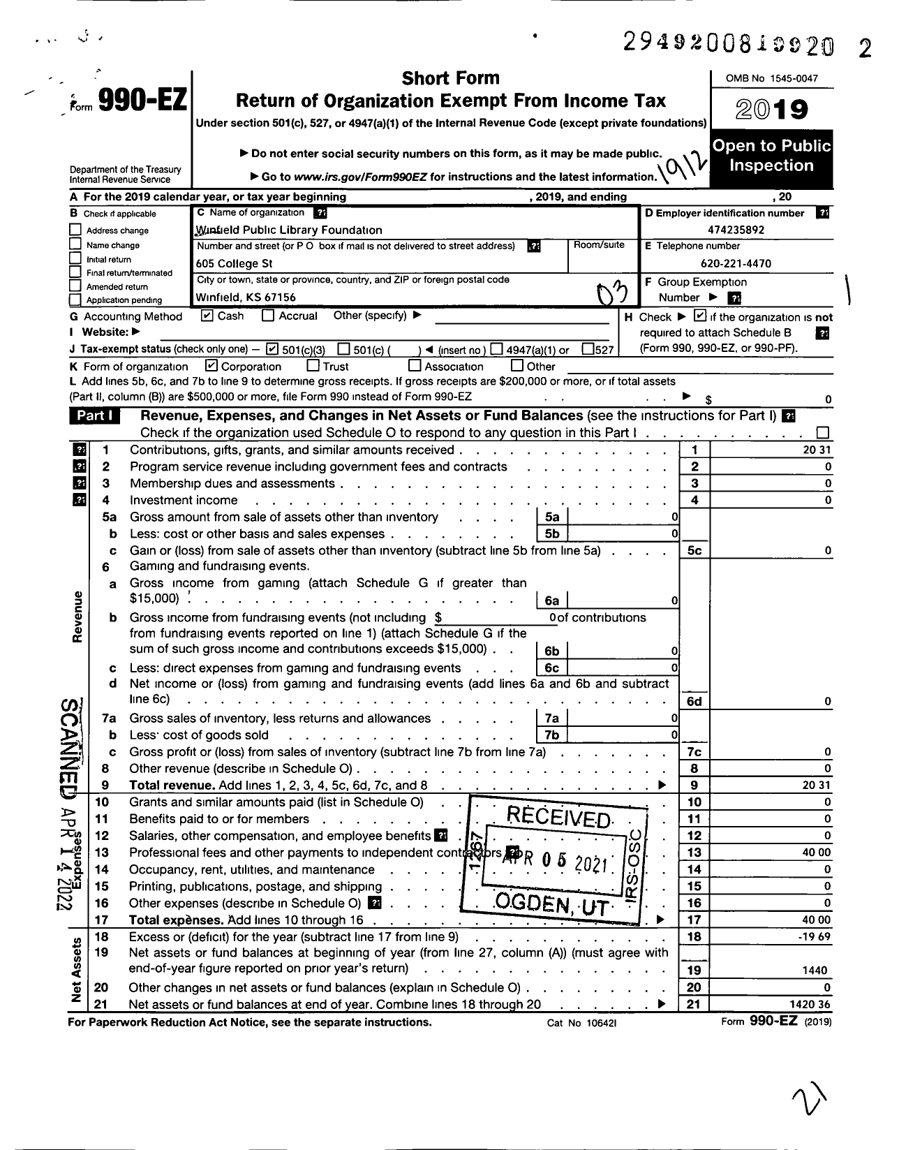 Image of first page of 2019 Form 990EZ for Winfield Public Library Foundation