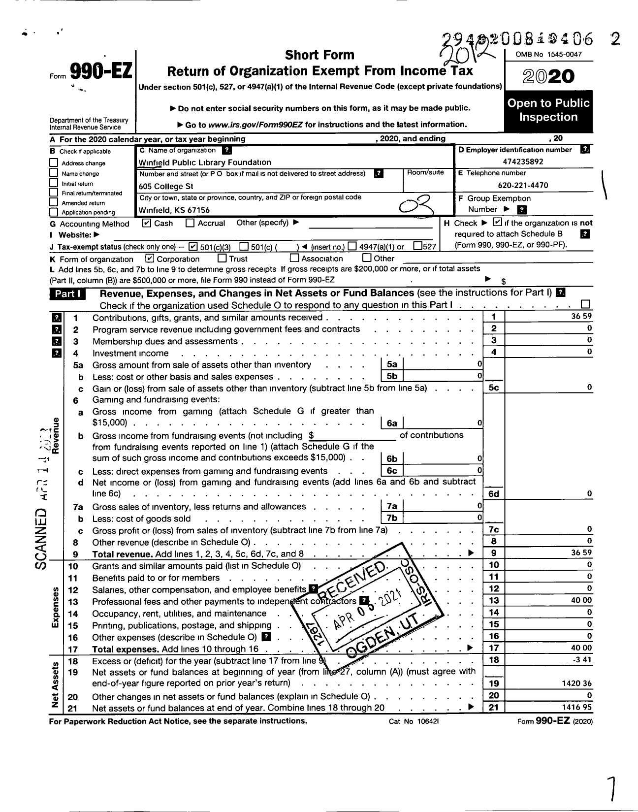 Image of first page of 2020 Form 990EZ for Winfield Public Library Foundation