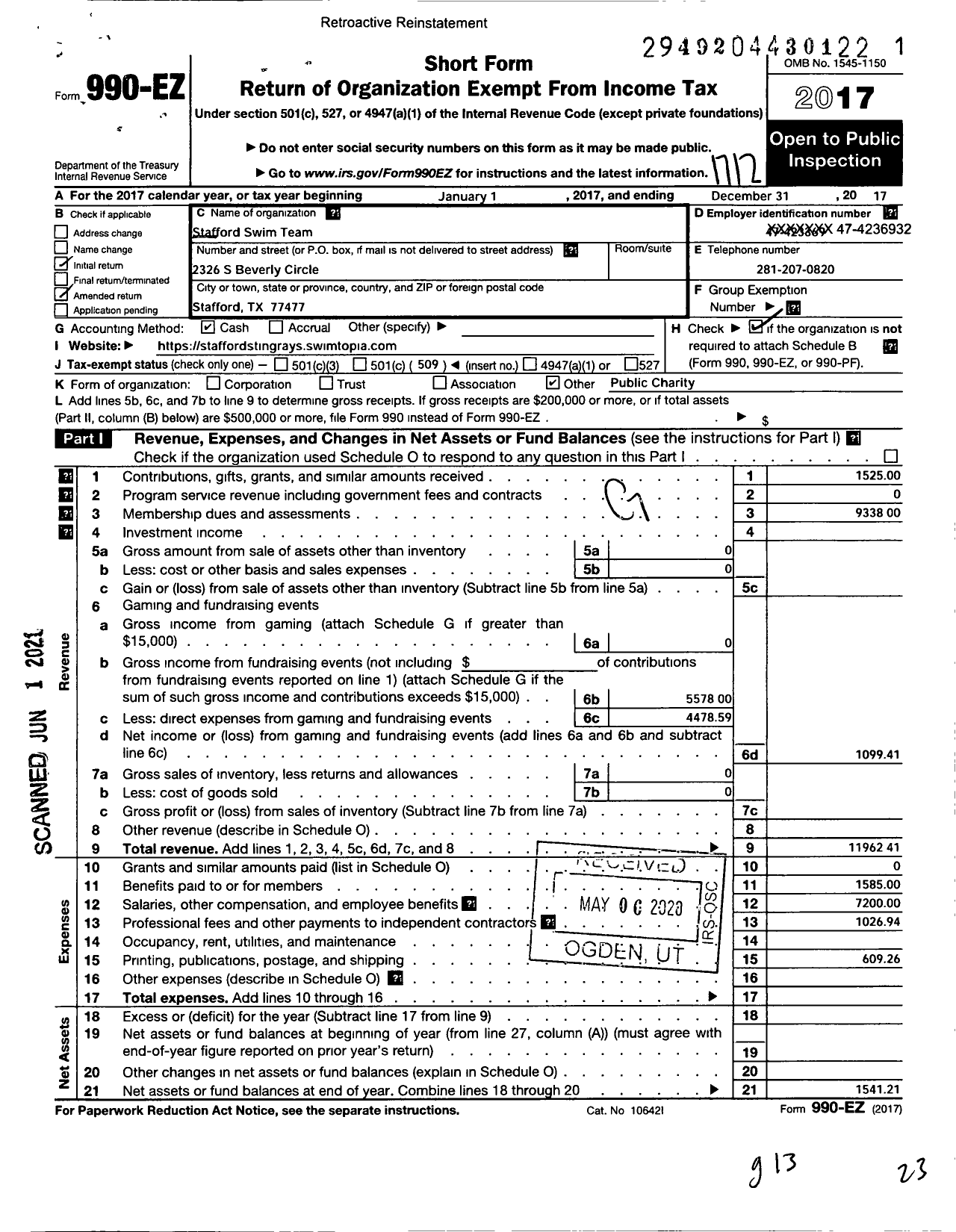 Image of first page of 2017 Form 990EO for Stafford Swim Team