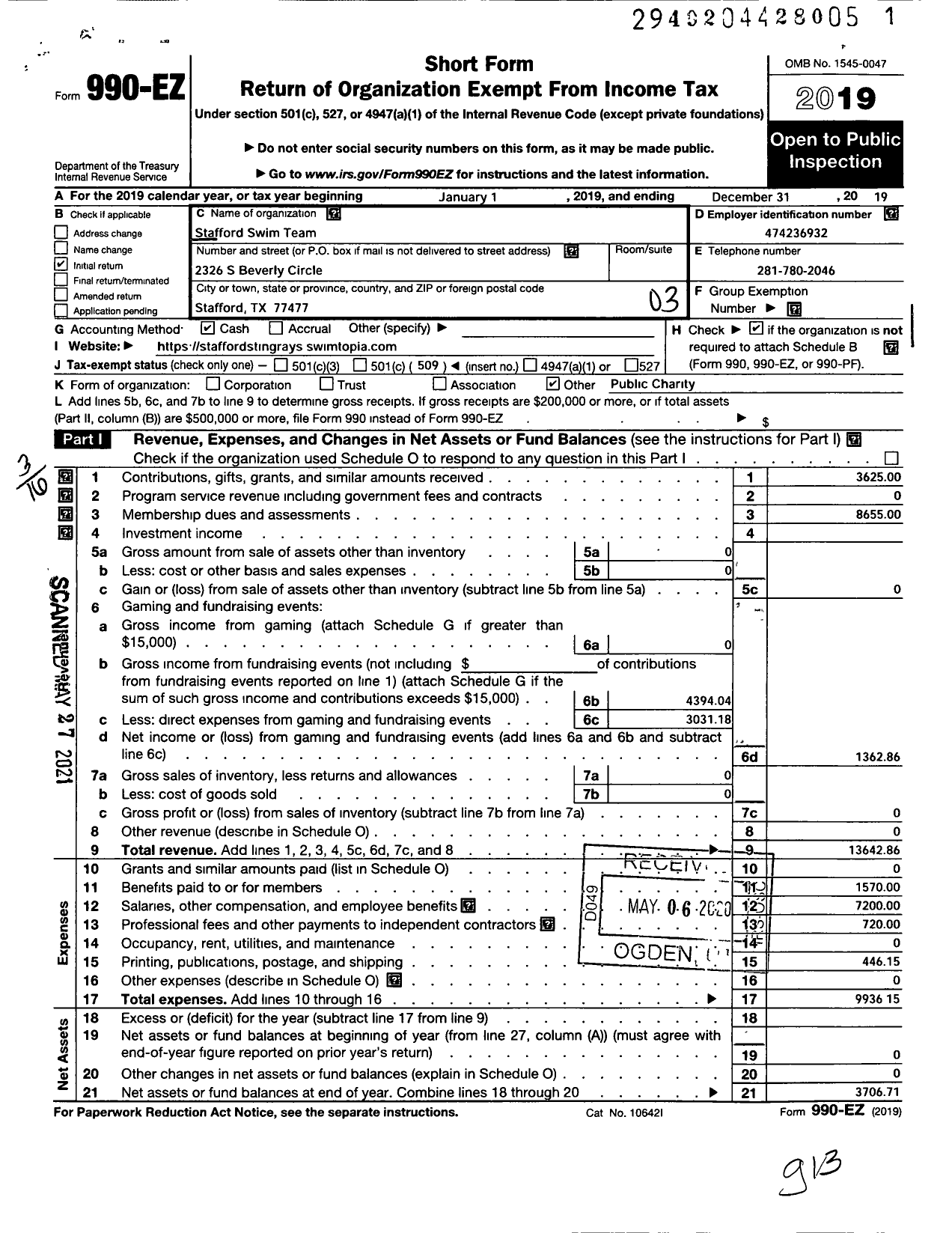 Image of first page of 2019 Form 990EZ for Stafford Swim Team