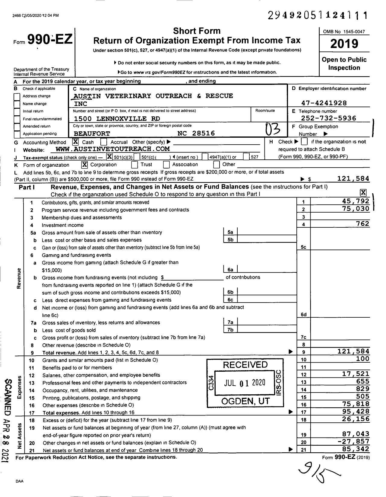 Image of first page of 2019 Form 990EZ for Austin Veterinary Outreach and Rescue