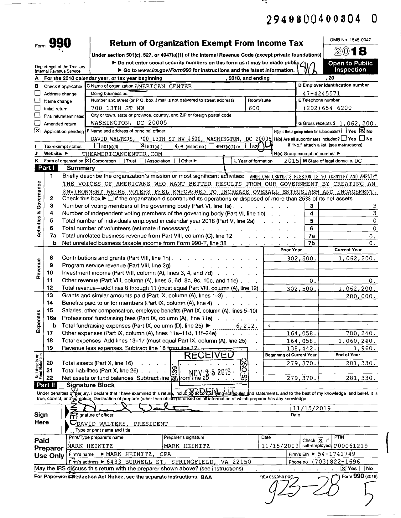 Image of first page of 2018 Form 990O for American Center