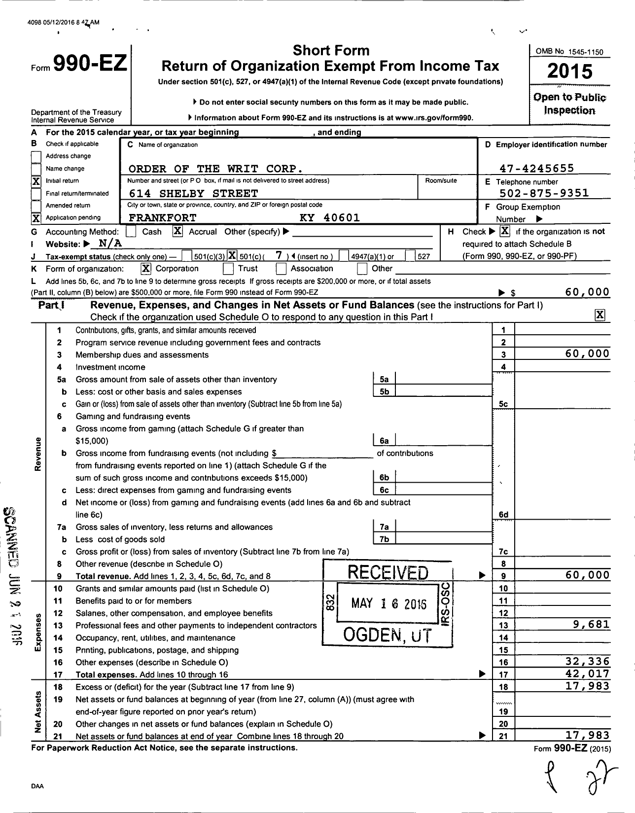 Image of first page of 2015 Form 990EO for Order of the Writ Corporation