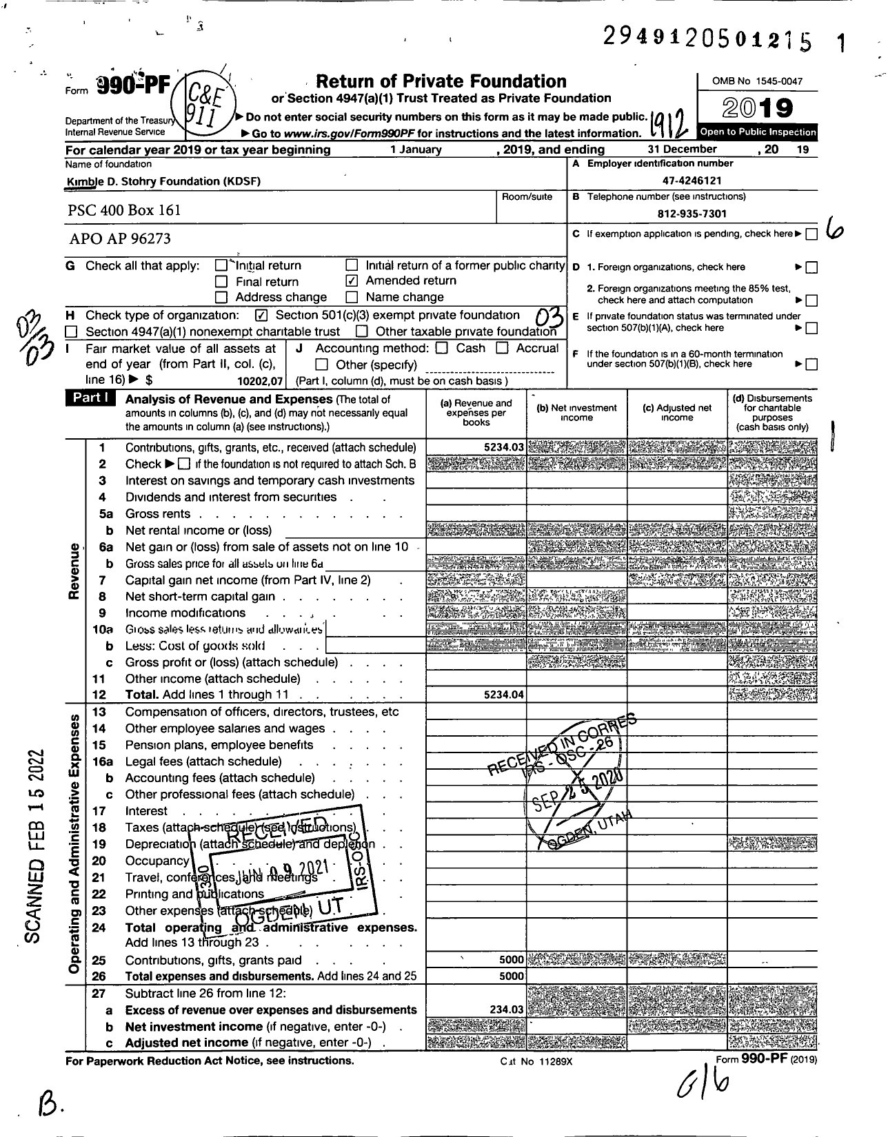 Image of first page of 2019 Form 990PF for Kimble D Stohry Foundation (KDSF)