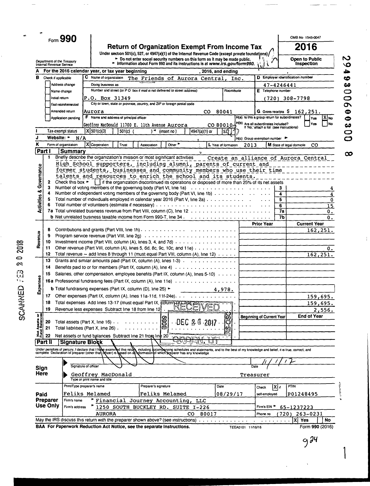 Image of first page of 2016 Form 990 for Friends of Aurora Central