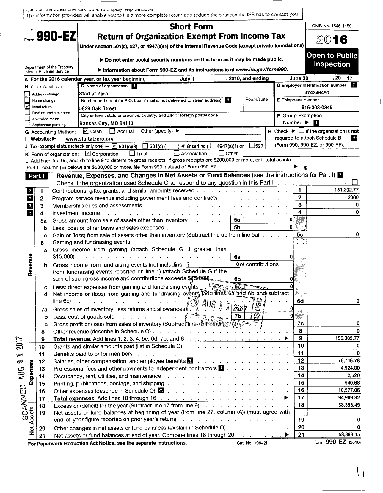 Image of first page of 2016 Form 990EZ for Start at Zero