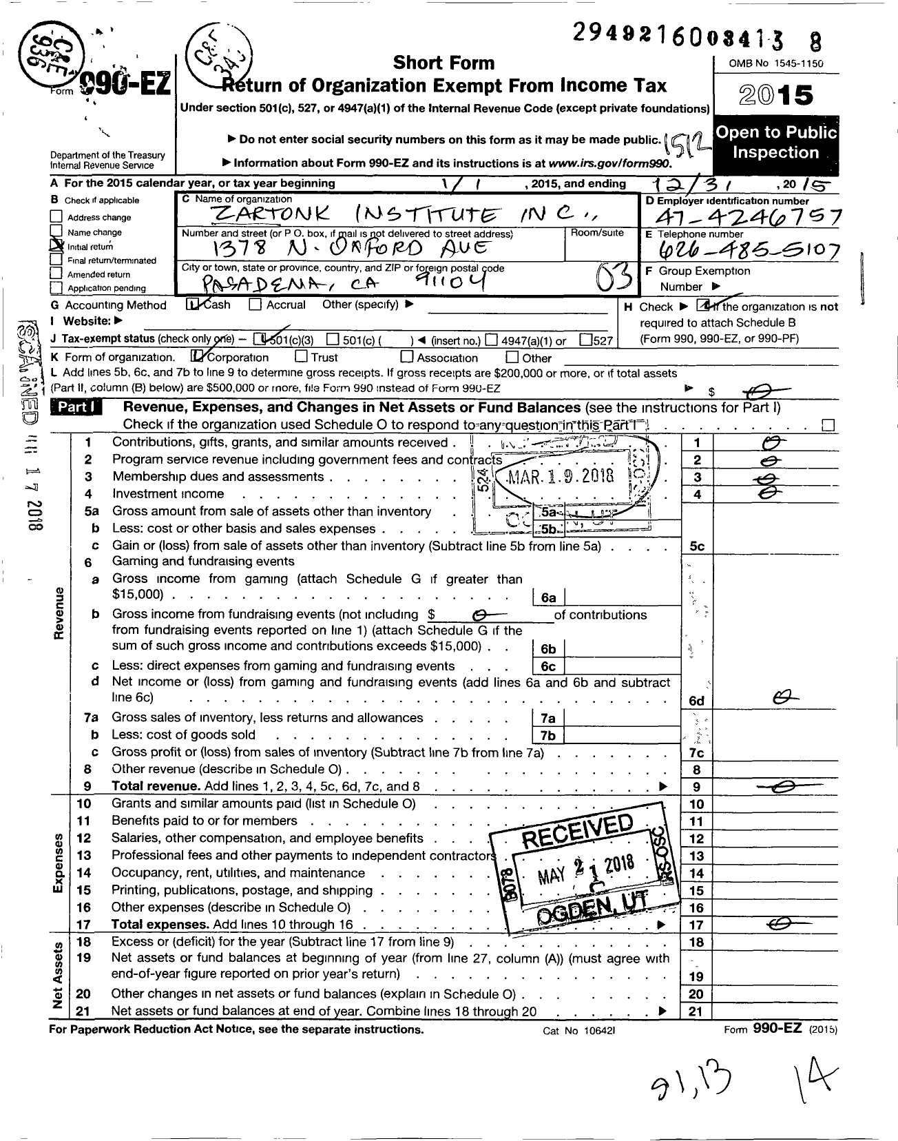 Image of first page of 2015 Form 990EZ for Zartonk Institute