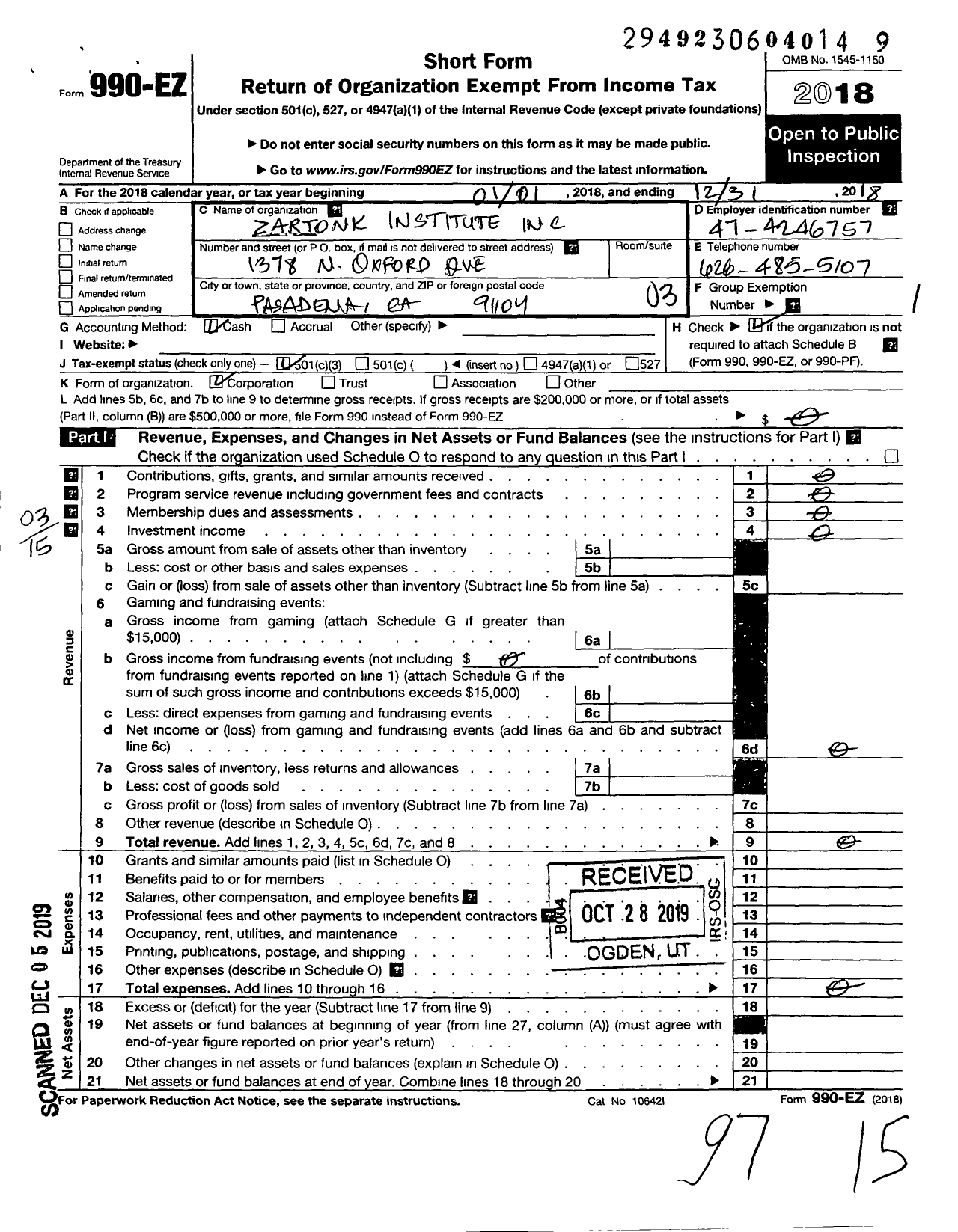 Image of first page of 2018 Form 990EZ for Zartonk Institute