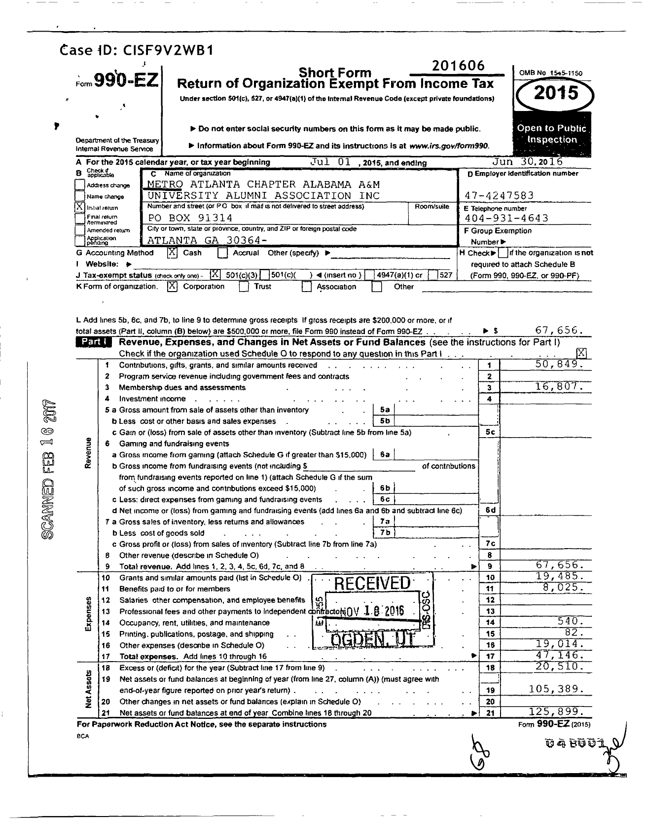 Image of first page of 2015 Form 990EZ for Metro Atlanta Chapter Alabama A&M University Alumni Association