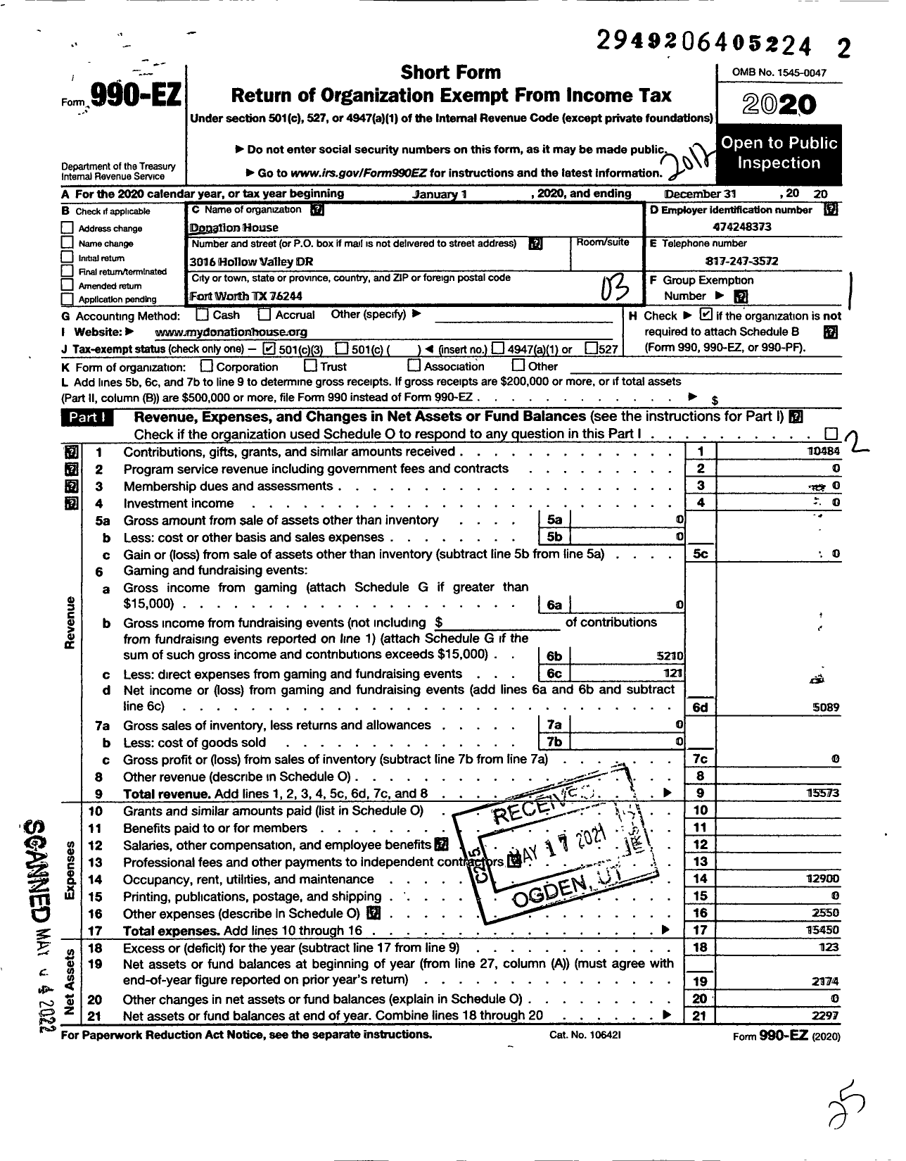 Image of first page of 2020 Form 990EZ for Donation House