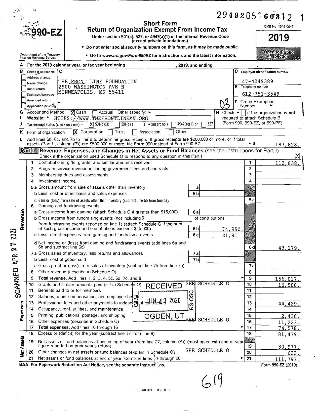 Image of first page of 2019 Form 990EZ for The Front Line Foundation