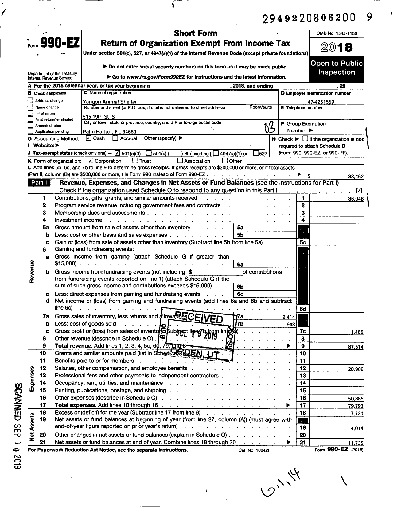 Image of first page of 2018 Form 990EZ for Yangon Animal Shelter