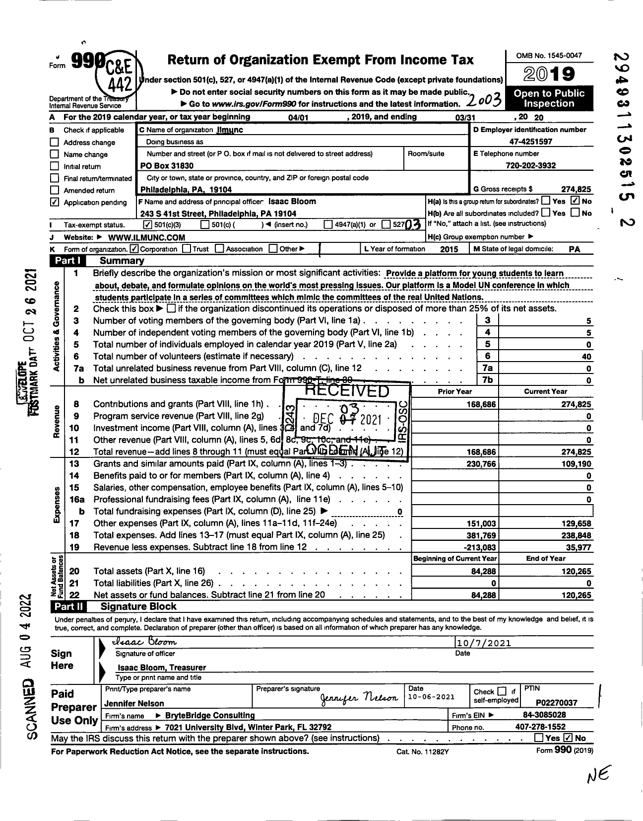 Image of first page of 2019 Form 990 for Ilmunc