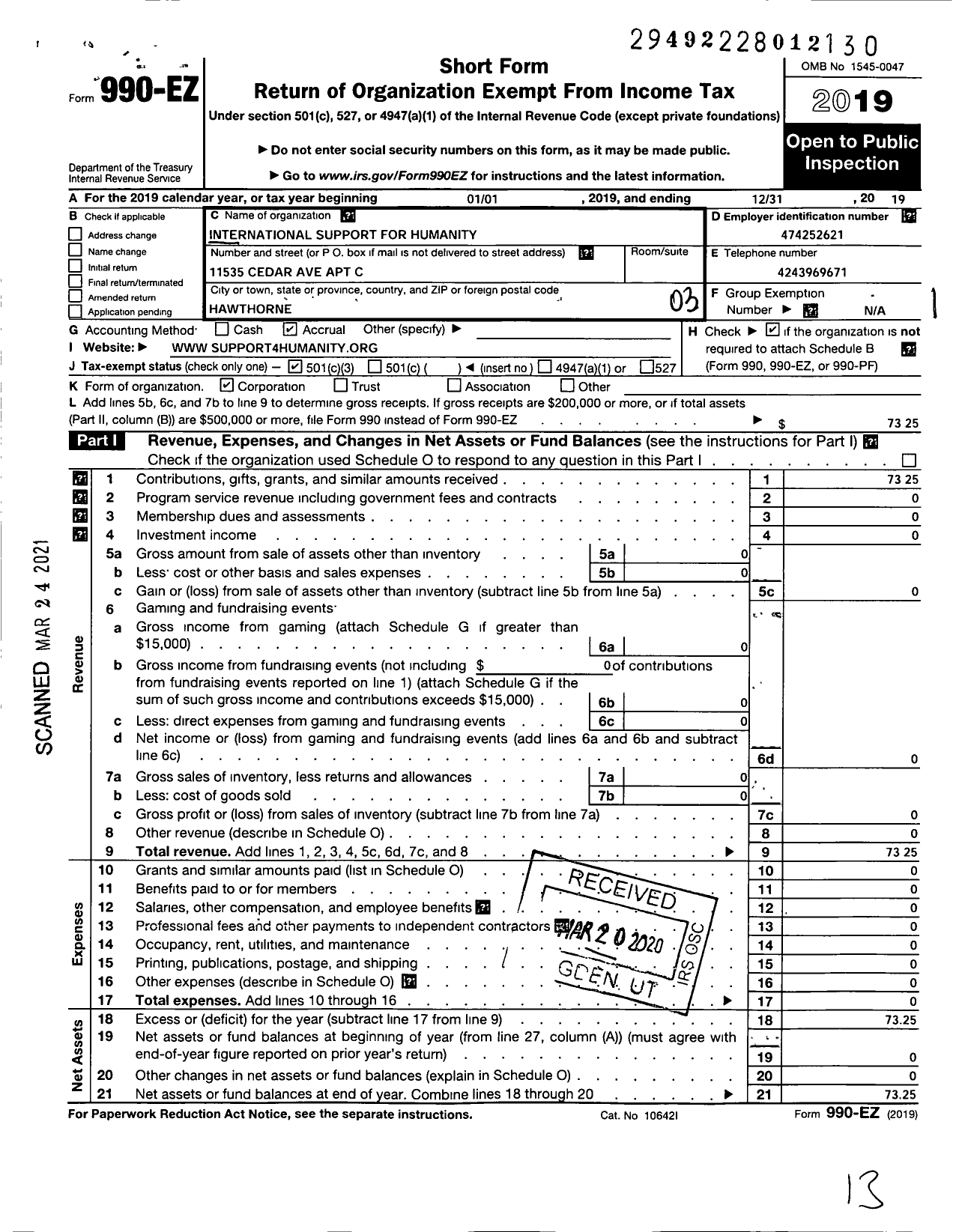 Image of first page of 2019 Form 990EZ for International Support for Humanity