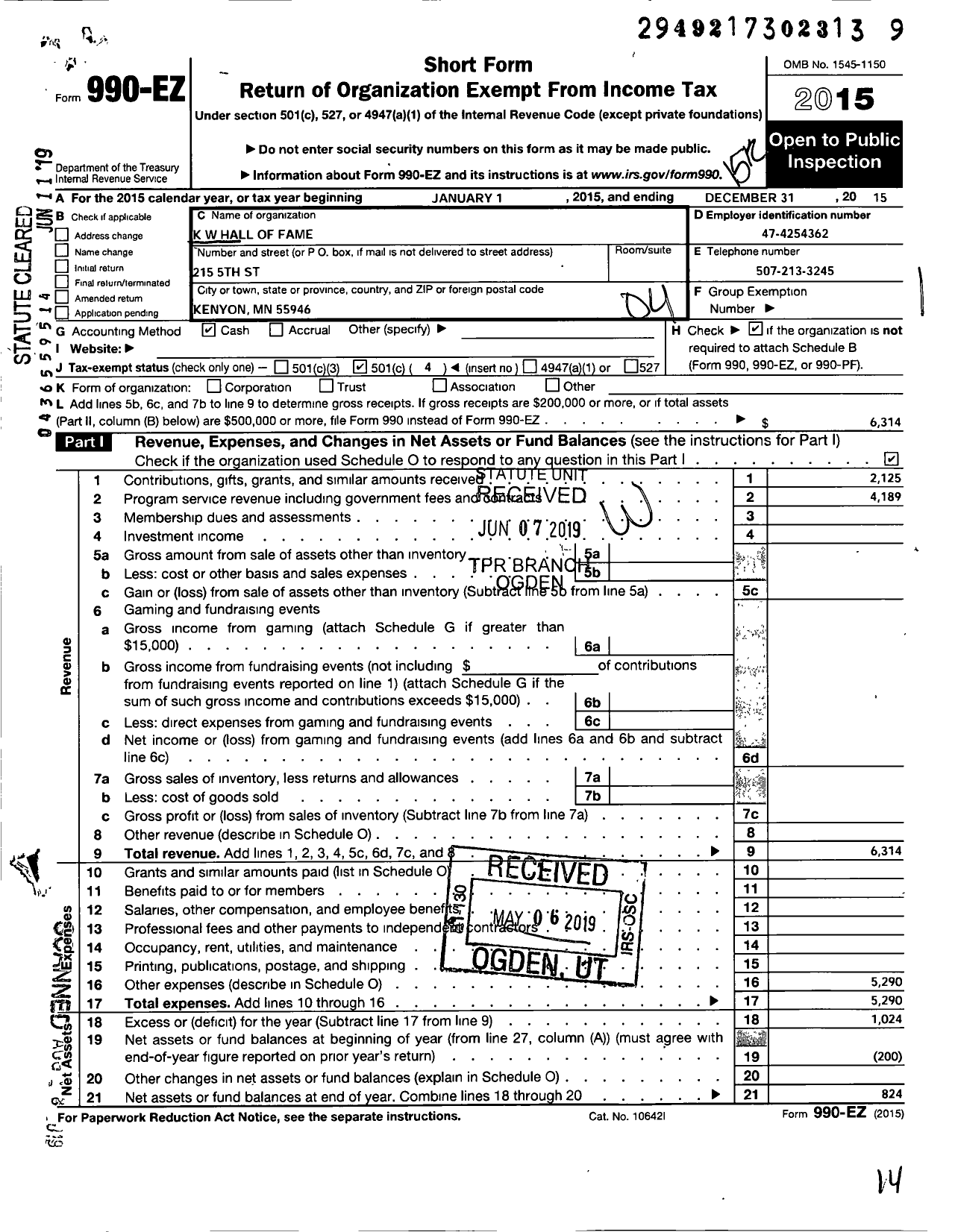 Image of first page of 2015 Form 990EO for K W Hall of Fame