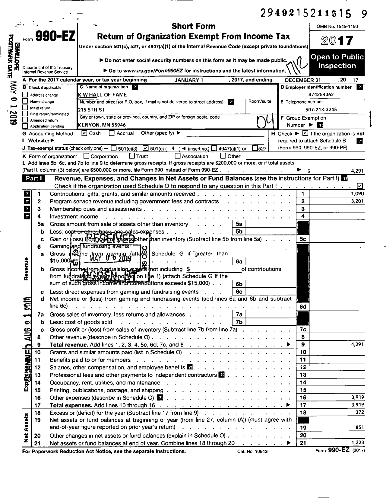 Image of first page of 2017 Form 990EO for K W Hall of Fame