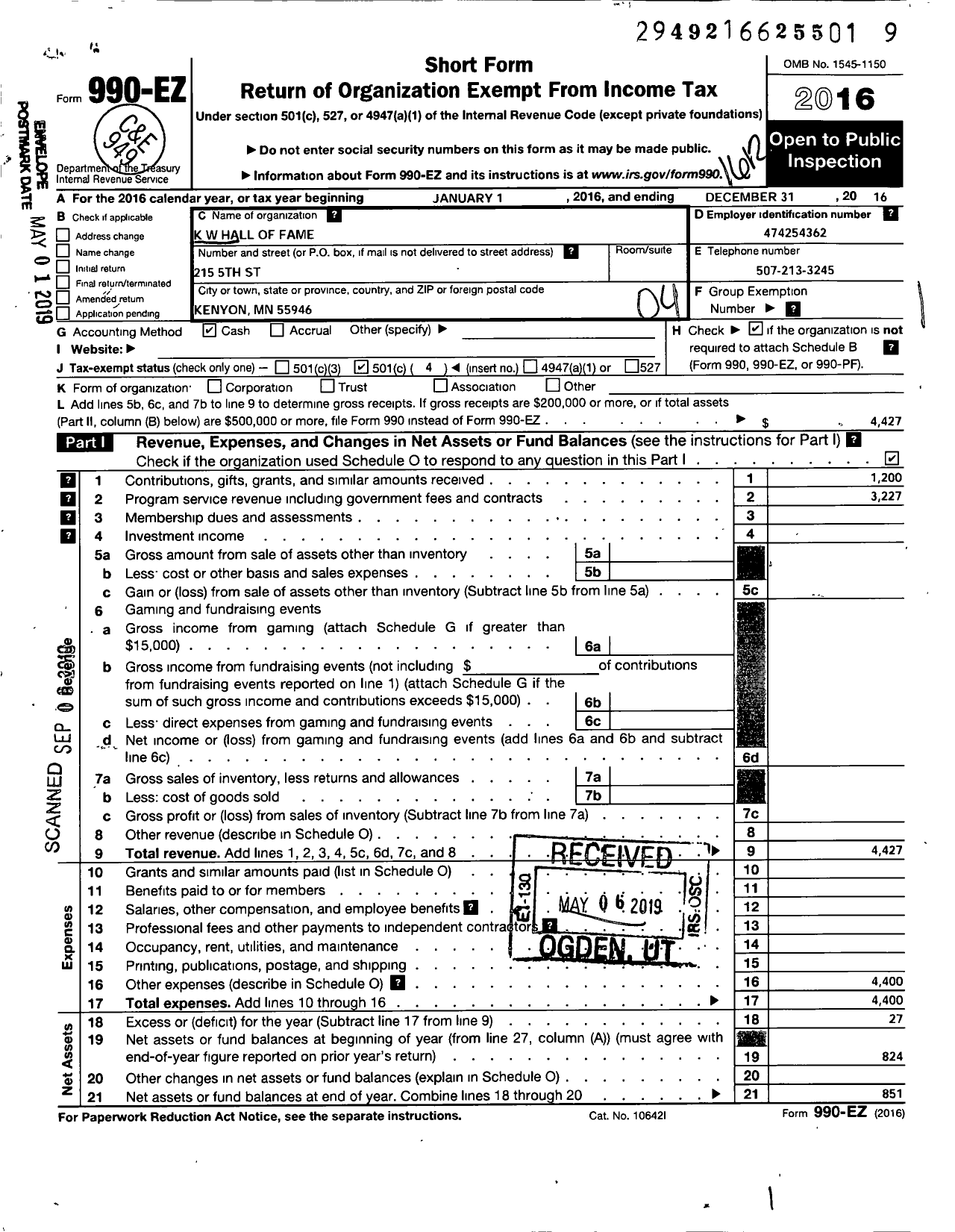 Image of first page of 2016 Form 990EO for K W Hall of Fame