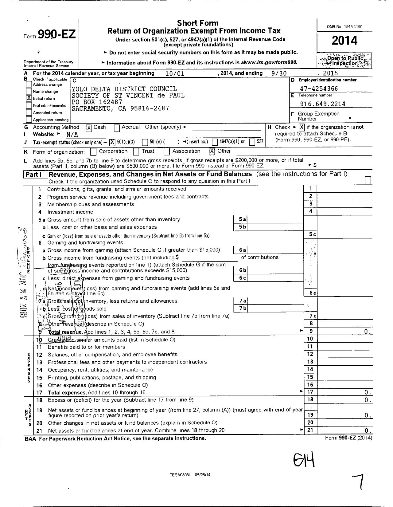 Image of first page of 2014 Form 990EZ for Yolo Delta District Council